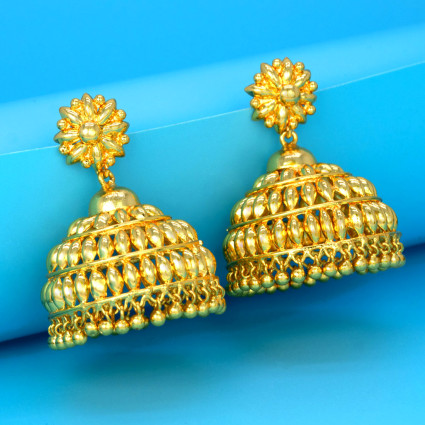 Designer Big Golden Bridal Jumkas With Golden Bead Hanging