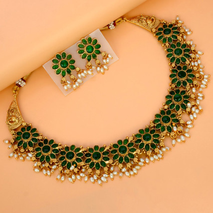 Antique Big Floral Green Kemp and Pearls Necklace Set