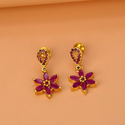 Charming Gold-Plated Ruby Floral Drop Earrings