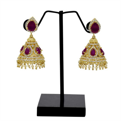 Dazzling American Diamond Ruby Pearl Jumkha Jimikki Earrings