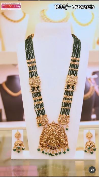 Antique Lakshmi Dark Green Beaded Long Haram Set