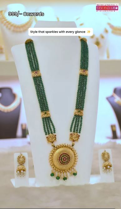 Ethnic Matte Gold Lakshmi Green Beads Long Chain Set