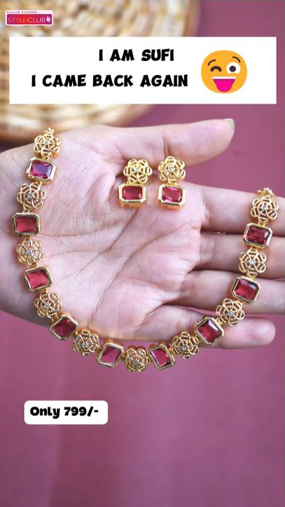 Matte Floral Square Stone Sufi Necklace Set